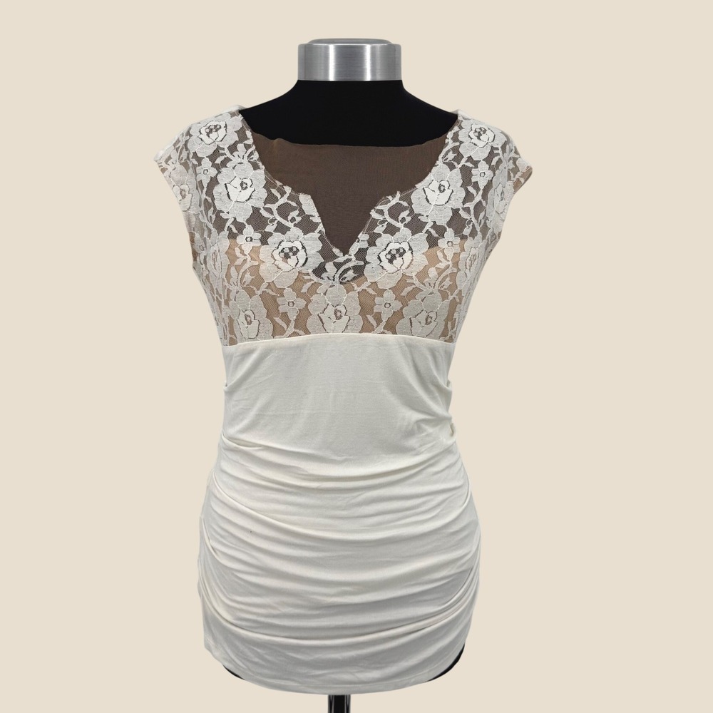 Boston Proper Cream Lace Yoke Ruched Top Off White Womens XS Romantic Boho